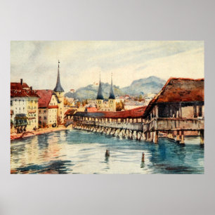  Antiek Zwitserland Lucerne Chapel Bridge Poster