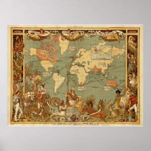Antieke 1886 Wereldkaart Britse Rijk Poster