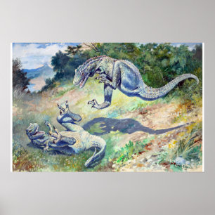 Antieke 1897 Vechtende Dinosauriërs van Charles Kn Poster
