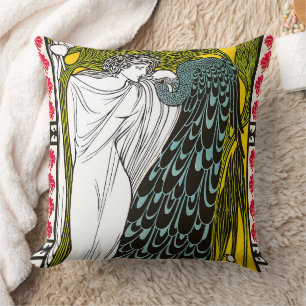 Antieke Art Nouveau vrouw en pauw poster Kussen
