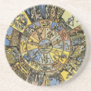 Antieke Astrologie, Renaissance Dierenriemwiel, 15 Zandsteen Onderzetter