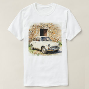Antieke auto bij stenen gebouw t-shirt