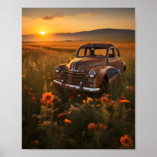 Antieke auto in een veld bij zonsondergang poster