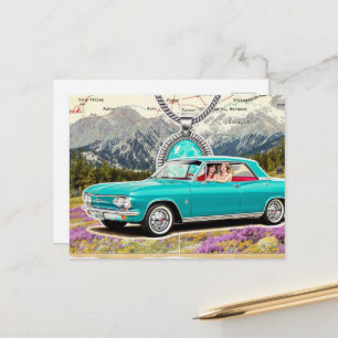 Antieke auto op een kaart in de bergen collage