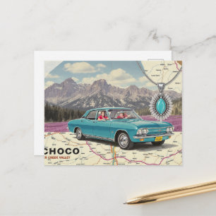 Antieke auto op een kaartcollage briefkaart
