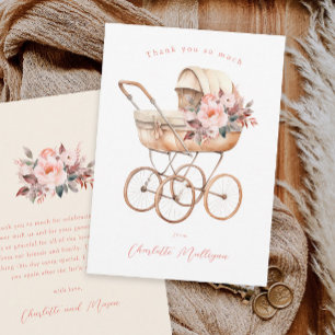 Antieke babywagen roze bloemen baby shower bedankkaart