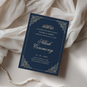 Antieke Barokke Lijst Navy Blauwe Nikah Ceremonie Kaart