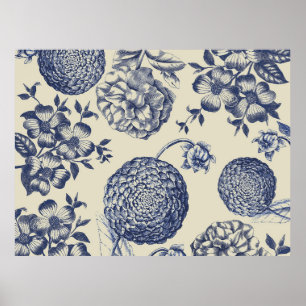 Antieke blauwe bloemenprint bloem poster