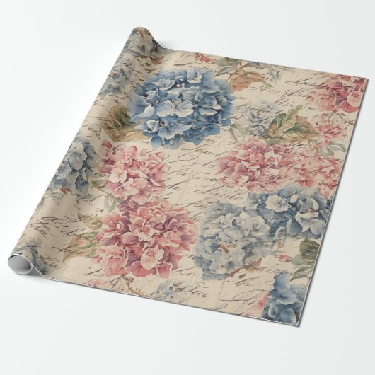 Antieke Blauwe en Roze Hortensia Ephemera Script Cadeaupapier (Uitgerold)