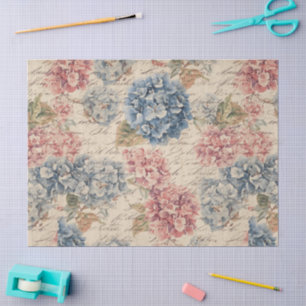 Antieke Blauwe en Roze Hortensia Ephemera Script  Tissuepapier