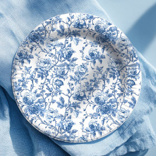 Antieke Blauwe Franse Toile Rozen Bloemen Papiere  Papieren Bordje