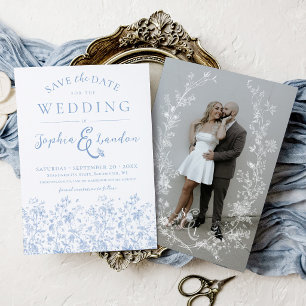 Antieke bloemenkranse bruiloft met blauwe en witte save the date