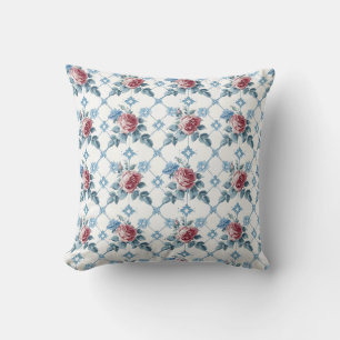 Antieke bloemmotief rode en blauwe rozen decoratie kussen