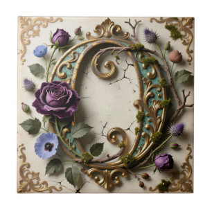 Antieke bloemrijke gouden patina letter O Tegeltje
