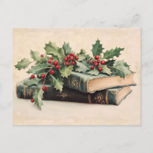 ANTIEKE BOEKEN MET HULSTBES SEN Vintage Kerstmis Feestdagenkaart