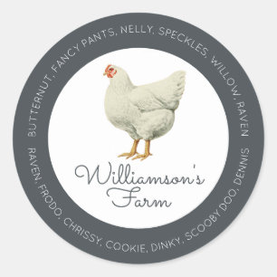 Antieke boerderij hen kippennamen eierdoos OffBlac Ronde Sticker