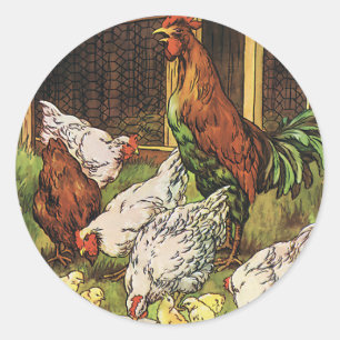 Antieke boerderijdieren, Haan, Kippen, Kuikens Ronde Sticker