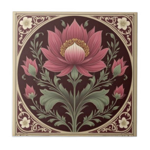 Antieke bordeauxrode en gouden Art Nouveau bloem Tegeltje