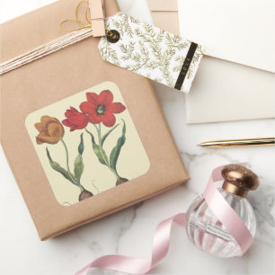 Antieke Botanische, Bloeiende Tulp Bloemen en Boll Vierkante Sticker