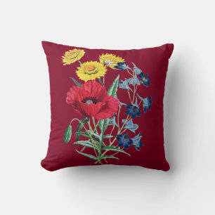 Antieke botanische boeket wilde bloemen bordeauxro kussen