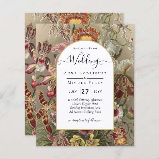 Antieke botanische bordeauxrode bloemen trouwkaart (Voorkant / Achterkant)