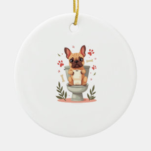 Antieke Boze Franse Bulldog met Toiletpapier  Keramisch Ornament