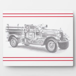 antieke brandweerwagen potloodschets brandweerman  fotoplaat