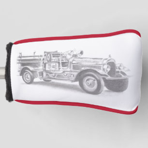 antieke brandweerwagen potloodschets brandweerman golfheadcover