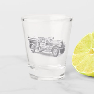 antieke brandweerwagen potloodschets brandweerman shot glas