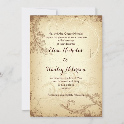 Antieke bruine beige rol blad trouwkaart kaart (Voorkant)