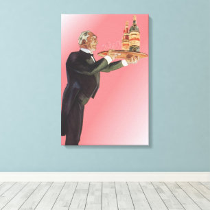 Antieke butler in smoking serveert wijn op dienbla canvas afdruk