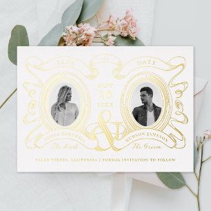Antieke Cameo Foto Save the Date Goud Folie Uitnodiging