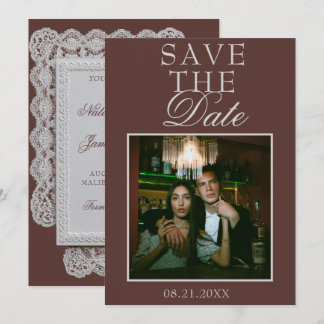 Antieke Chocolade Bruine Kant Foto Fancy Trouw Save The Date