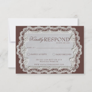 Antieke Chocoladebruine Kant Kleedje Retro Bruilof RSVP Kaartje