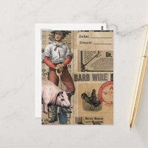 Antieke collage van varken en boer briefkaart