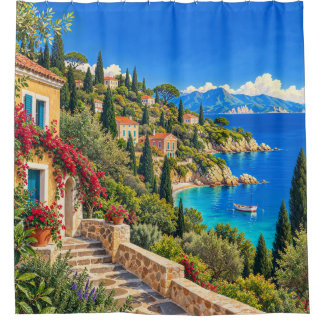 Antieke Corfu Kustlandschap Douchegordijn