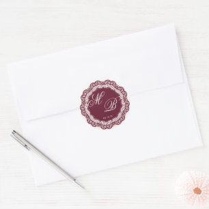 Antieke Crème Chantilly Kant Bourgondië Monogram Ronde Sticker