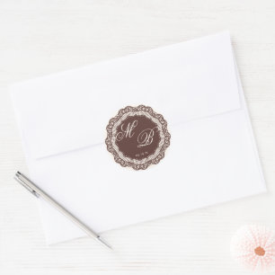 Antieke Crème Chantilly Kant Bruin Monogram Ronde Sticker