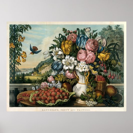 Antieke Currier & Ives Fruit En Bloemen Landschap Poster (Voorkant)