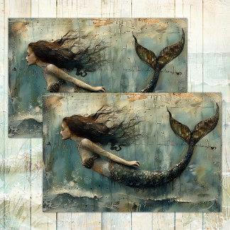 ANTIEKE DECOUPAGE SCHILDERIJ VAN EEN ZEEJONKVROUW TISSUEPAPIER