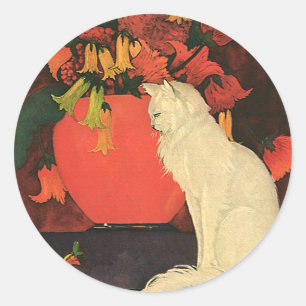 Antieke Dieren, Elegante Witte Kat, Herfstbloemen Ronde Sticker
