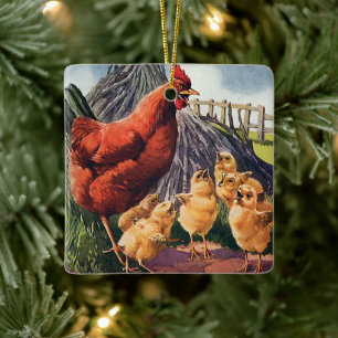 Antieke dieren, kip met kuikens op de boerderij keramisch ornament