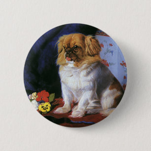 Antieke Dieren, Speelgoed Pekingese Hondje Ronde Button 5,7 Cm