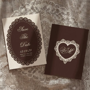 Antieke donkerbruine kanten ovale onderlegger trou save the date