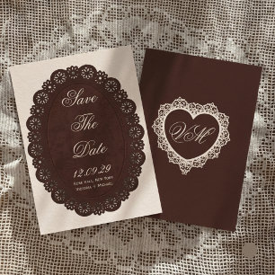 Antieke donkerbruine kanten ovale onderlegger trou save the date