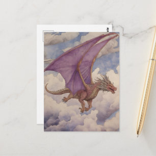 Antieke Draak Paarse Vleugels Waterverf in Wolken Briefkaart