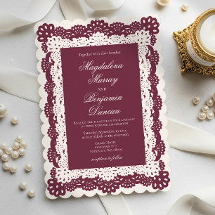 Antieke Elegante Bourgondiër Roomkleurige Kant Bru Kaart