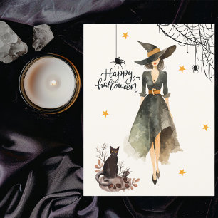 Antieke Elegante Heksenkat Foto Gotische Halloween Kaart