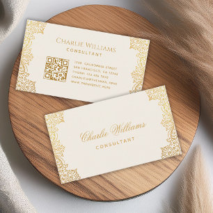 Antieke Elegante Script QR Code in Ivoor met Vinta Visitekaartje