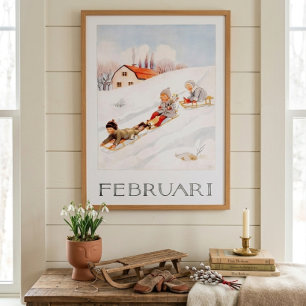Antieke Elsa Beskow Februari Rodelen Peuterkamer Poster